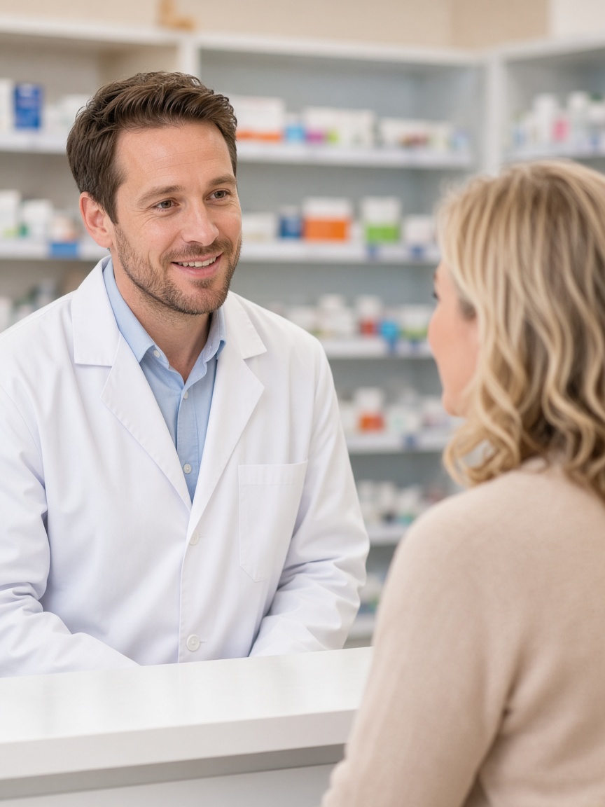 Pharmacist speaking with a patient at Barons Court Pharmacy, your local community pharmacy in London W6
